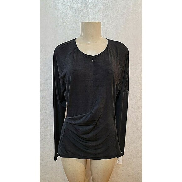 ATHLETA THUMBLOLE RUCHED SPACE DYE BLACK 1/4 ZIP LONG SLEEVE TOP SIZE L # 116 - Picture 1 of 6